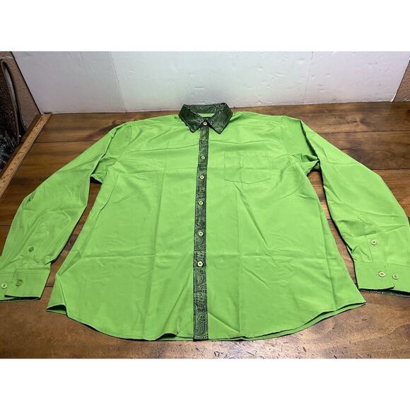 Barry Wang Green Paisley Long Sleeve Mens Shirt Button Party Business Shirt - Picture 1 of 9
